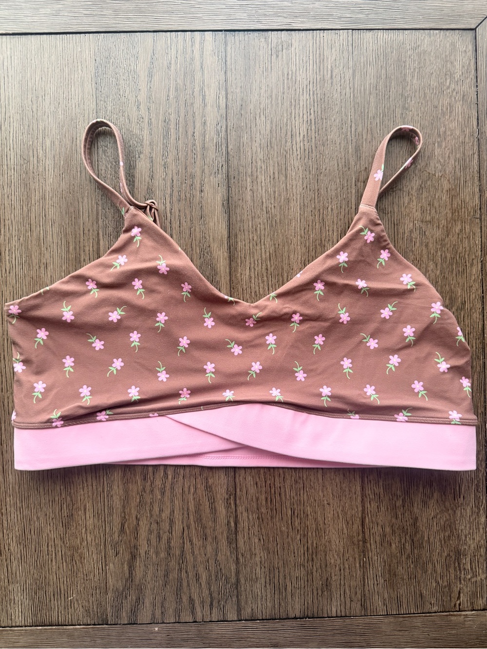 JoyLab Brown Floral Sports Bra with Pink Band